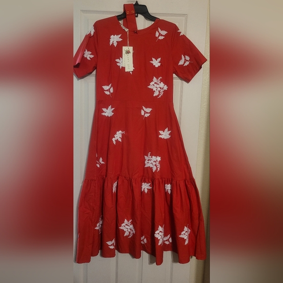 Fanm Mon Red Floral Midi Dress MSRP$399 - Picture 2 of 5